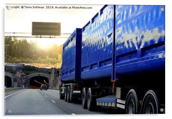 Blue Freight Truck Drives Towards Tunnel Acrylic by Taina Sohlman