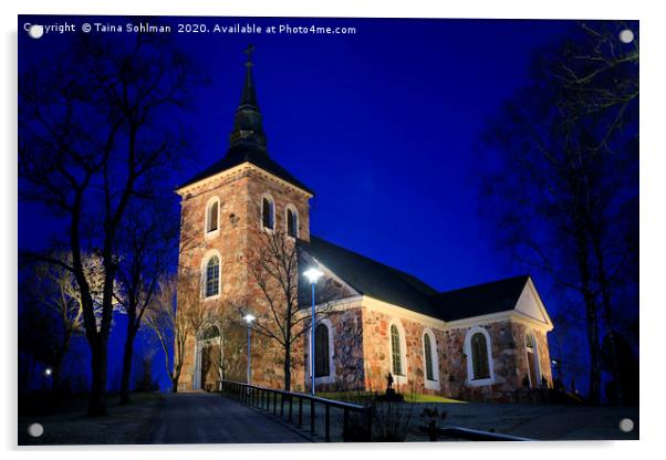 Illuminated Uskela Church, Salo Finland Acrylic by Taina Sohlman
