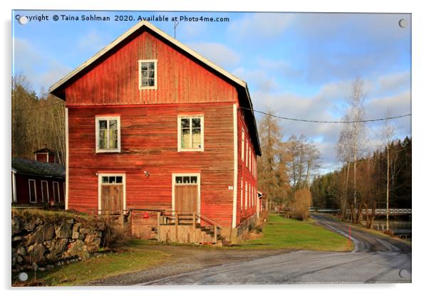 Red Wooden Building Plevna, Ansku Finland Acrylic by Taina Sohlman