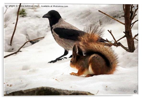 Squirrel, Hooded Crow and Food Acrylic by Taina Sohlman