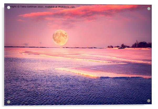 Pink March Moonrise over Sea Acrylic by Taina Sohlman