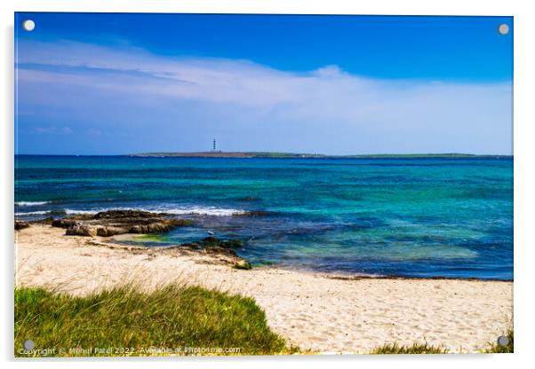 Deserted sandy beach at Punta Prima looking out to lighthouse on Acrylic by Mehul Patel
