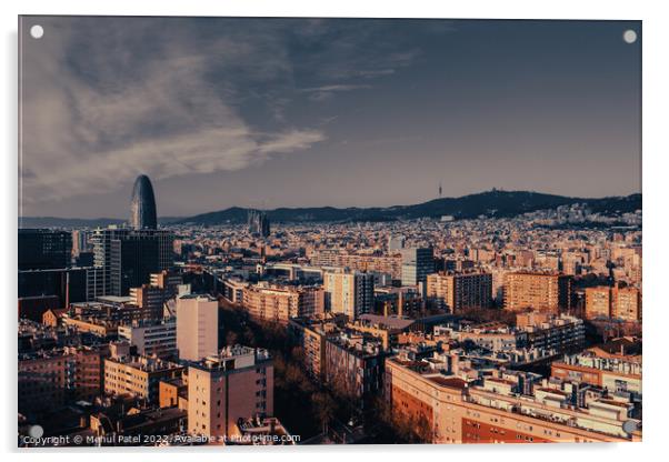 Barcelona city skyline featuring famous landmarks Torre Glories, La Sagrada Familia and the hillside of Tibidabo in the distance - Barcelona, Catalonia, Spain Acrylic by Mehul Patel