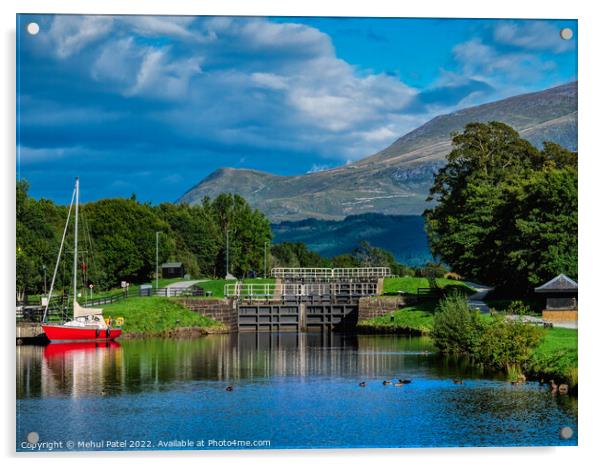 Corpach Double Loch at Corpach Basin near Fort William with Glen Nevis mountain in the distance. Scottish Highlands, Scotland Acrylic by Mehul Patel