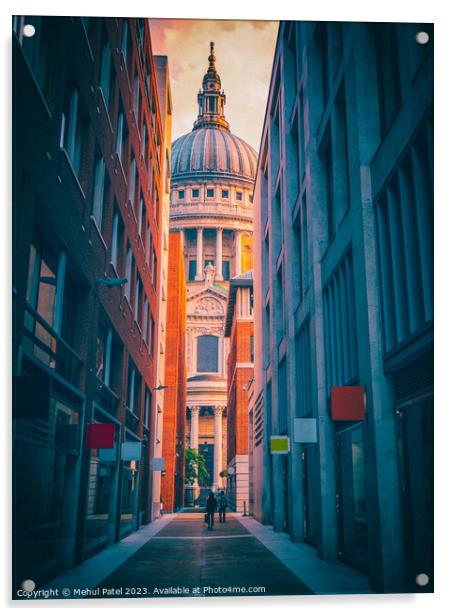 Dome and North Transept of St Paul's Cathedral viewed from Queens Head Passage. Acrylic by Mehul Patel