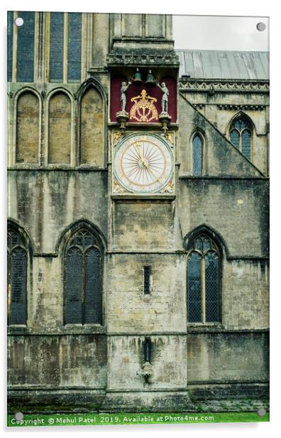 Clock on exterior wall of Wells Cathedral Acrylic by Mehul Patel