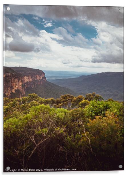 View of the Jamison Valley across the Blue Mountains from the Wentworth Falls lookout, Wentworth Falls, New South Wales, Australia Acrylic by Mehul Patel