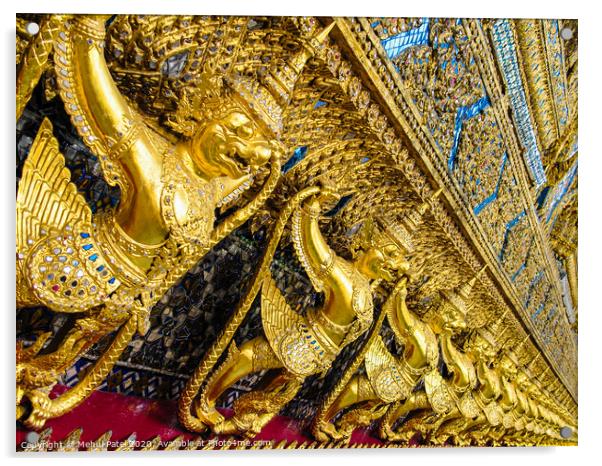 Golden statuettes and detail on the Temple of the Emerald Buddha in the grounds of the Grand Palace - Wat Phra Kaew, Thailand, Bangkok Acrylic by Mehul Patel