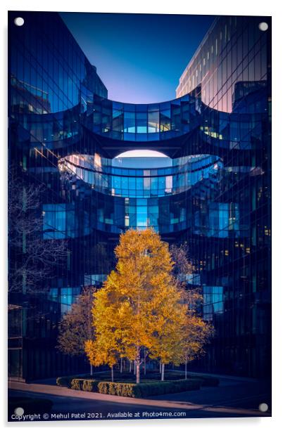 Bright tree leaves against modern office building exterior, London Bridge City, London, England, UK. Acrylic by Mehul Patel