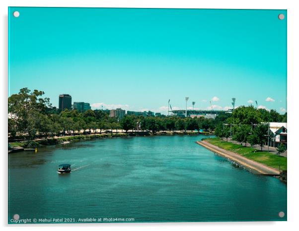 Split toned image of the Yarra river with the Melbourne Cricket Ground in the distance. Digital paintbrush effect applied to image. Acrylic by Mehul Patel