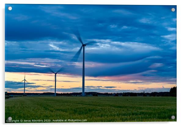 big windmills on field with dramatic sky Acrylic by Jonas Rönnbro