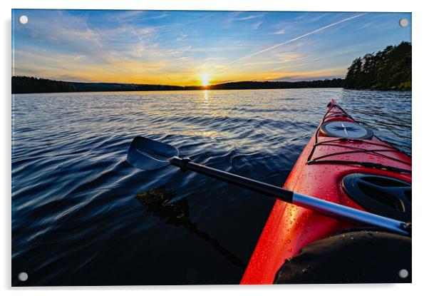 red plastic kayak on calm water in the sunset Acrylic by Jonas Rönnbro