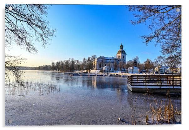 filipstad church and the lake daglosen in Varmland Sweden Acrylic by Jonas Rönnbro