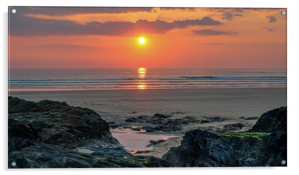 Gwithian Beach, Cornwall at sunset Acrylic by Brenda Belcher