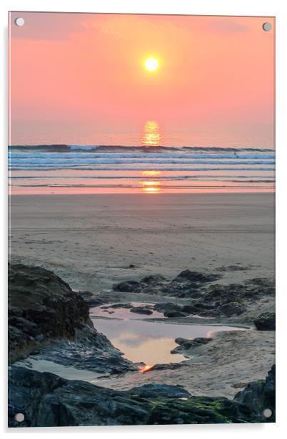 Sunset over Gwithian Beach Acrylic by Brenda Belcher