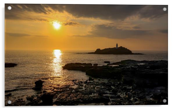Godrevy Lighthouse at sunset Acrylic by Brenda Belcher