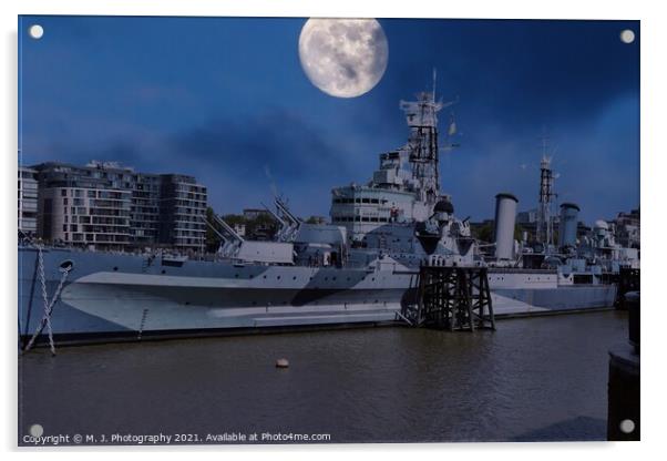 The Moon over HMS Belfast -Town-class light cruise Acrylic by M. J. Photography