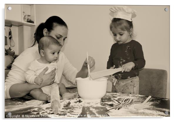 Baker family, Mum with two kids in the kitchen Acrylic by M. J. Photography