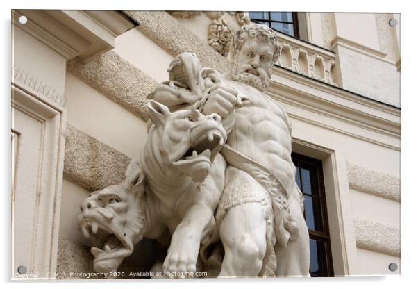 Antique scene of fight between man and mythical creatures on The Hofburg palace in Vienna Acrylic by M. J. Photography