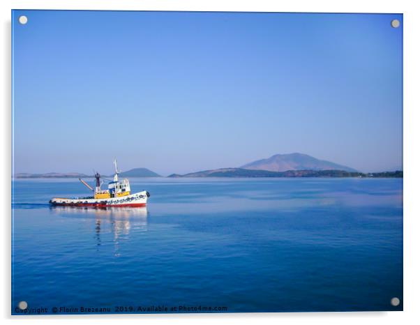 small colorful fishing boat in calm water  Acrylic by Florin Brezeanu