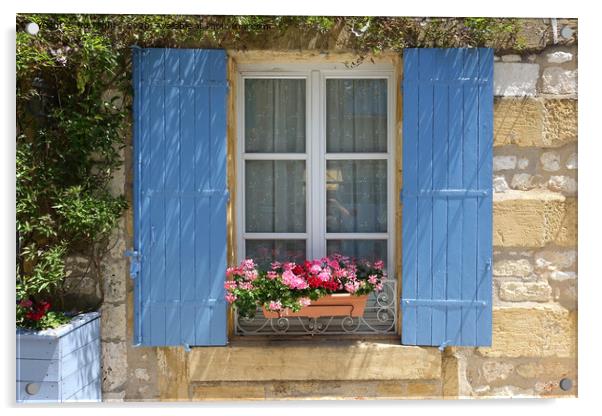 Window with blue shutters and window box of flowers Acrylic by Rocklights 