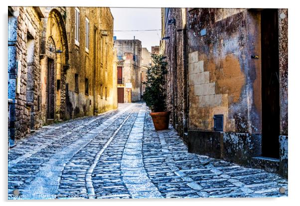 Street of the city of erice sicily Acrylic by Mario Koufios