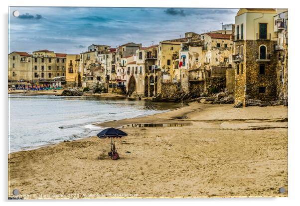 Beach with umbrella in the city of cefalu Acrylic by Mario Koufios