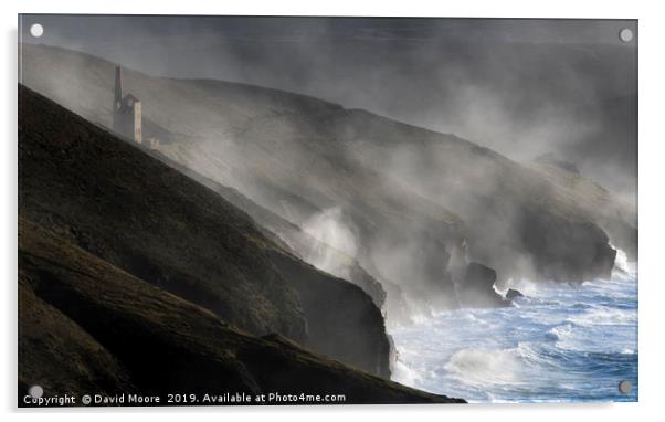 Storm wave spray drifting up to Wheal Coates Acrylic by David Moore