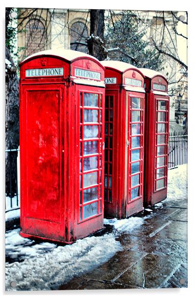 Three Red Telephone Boxes Acrylic by Karen Martin