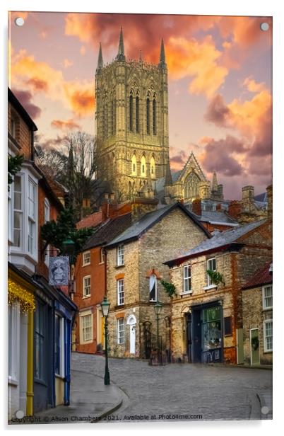 Lincoln Cathedral From Steep Hill Portrait  Acrylic by Alison Chambers