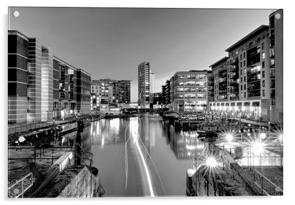 Leeds Dock Light Trails Monochrome  Acrylic by Alison Chambers