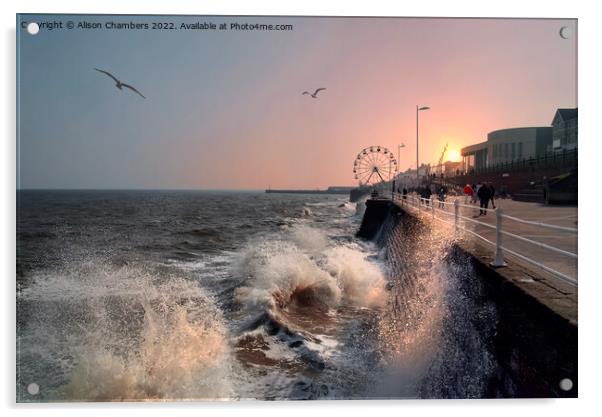 Bridlington Sunset Crashing Waves, Yorkshire Coast Acrylic by Alison Chambers