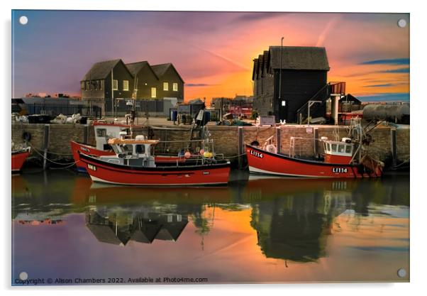 Whitstable Harbour Sunset Glow Acrylic by Alison Chambers
