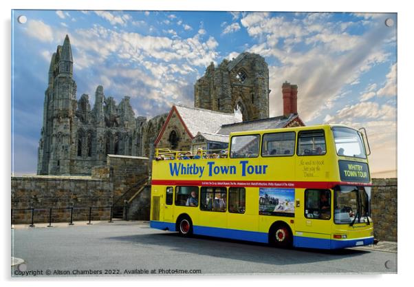 Whitby Abbey and Tour Bus Acrylic by Alison Chambers