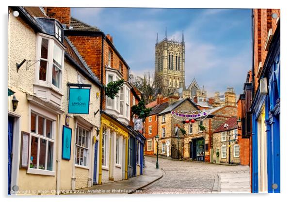 Lincoln Cathedral Steep Hill Acrylic by Alison Chambers