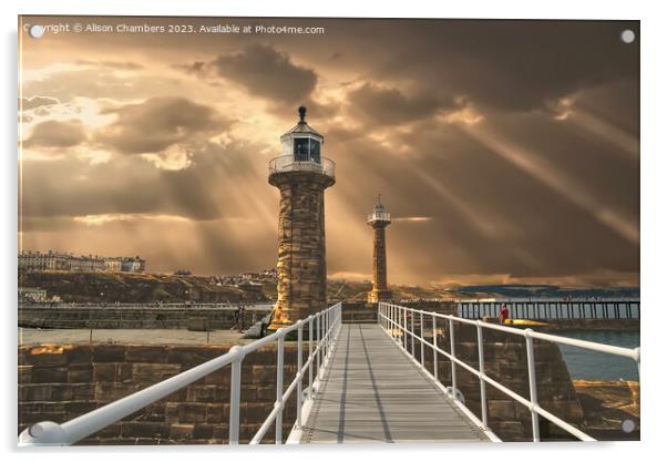 Whitby Harbour Lighthouses Acrylic by Alison Chambers