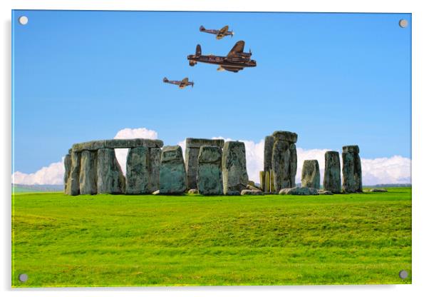 Stonehenge Spitfires and Lancaster Bomber Flypast Acrylic by Alison Chambers