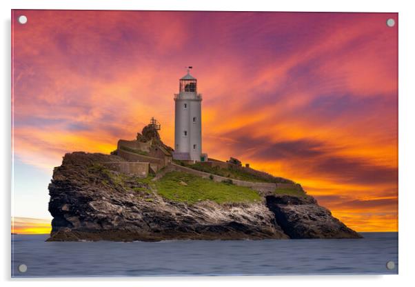 Godrevy Lighthouse Sunset Acrylic by Alison Chambers
