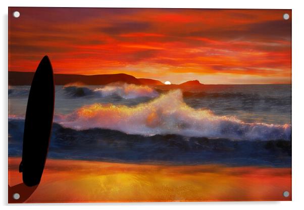 Fistral Beach Sunset Surf Acrylic by Alison Chambers