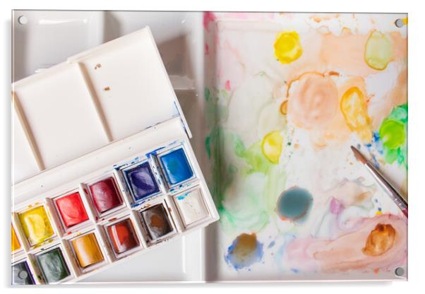 box of watercolors on a paint-stained palette Acrylic by David Galindo