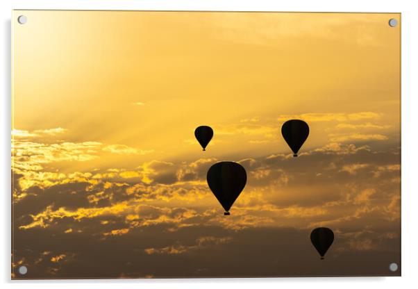 some hot air balloons in the sky with orange sunrise clouds Acrylic by David Galindo
