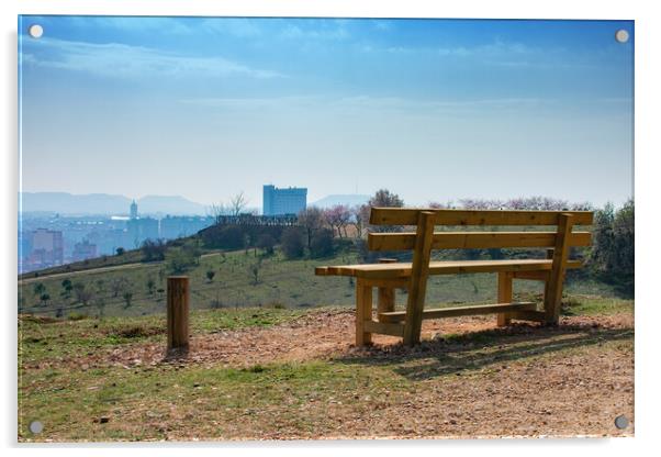 empty wooden bench in spring park over the city Acrylic by David Galindo