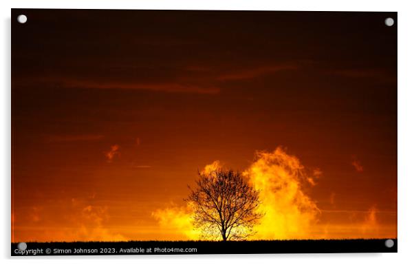 Tree silhouette at sunrise.  Acrylic by Simon Johnson