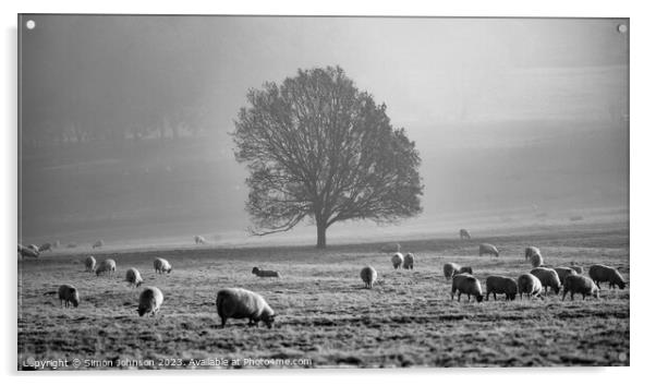 Tree, mist, sheep  Acrylic by Simon Johnson