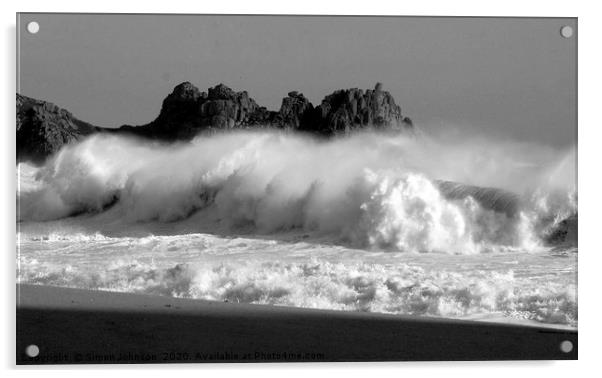 Porthcurno Beech and Logans Rock  with crashing wa Acrylic by Simon Johnson