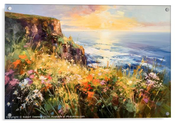 Sea Cliifs and Wildflowers Golden Hour 1 Acrylic by Robert Deering