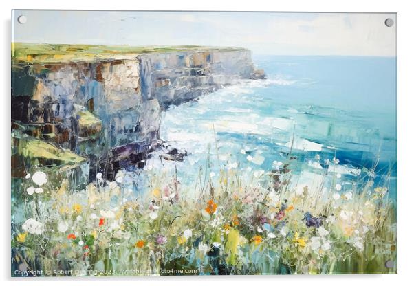 Wildflower Cliffside, Calm Seas Acrylic by Robert Deering
