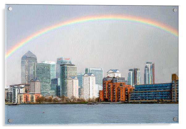 Rainbow over Canary Wharf Acrylic by Robert Deering