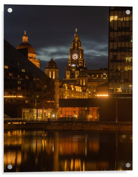 Pier Head and The Liverbuilding at night. Acrylic by Liam Neon