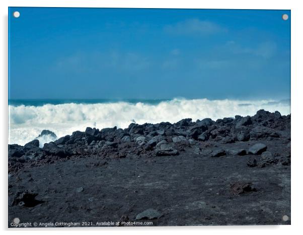 White Waves at El Golfo Acrylic by Angela Cottingham